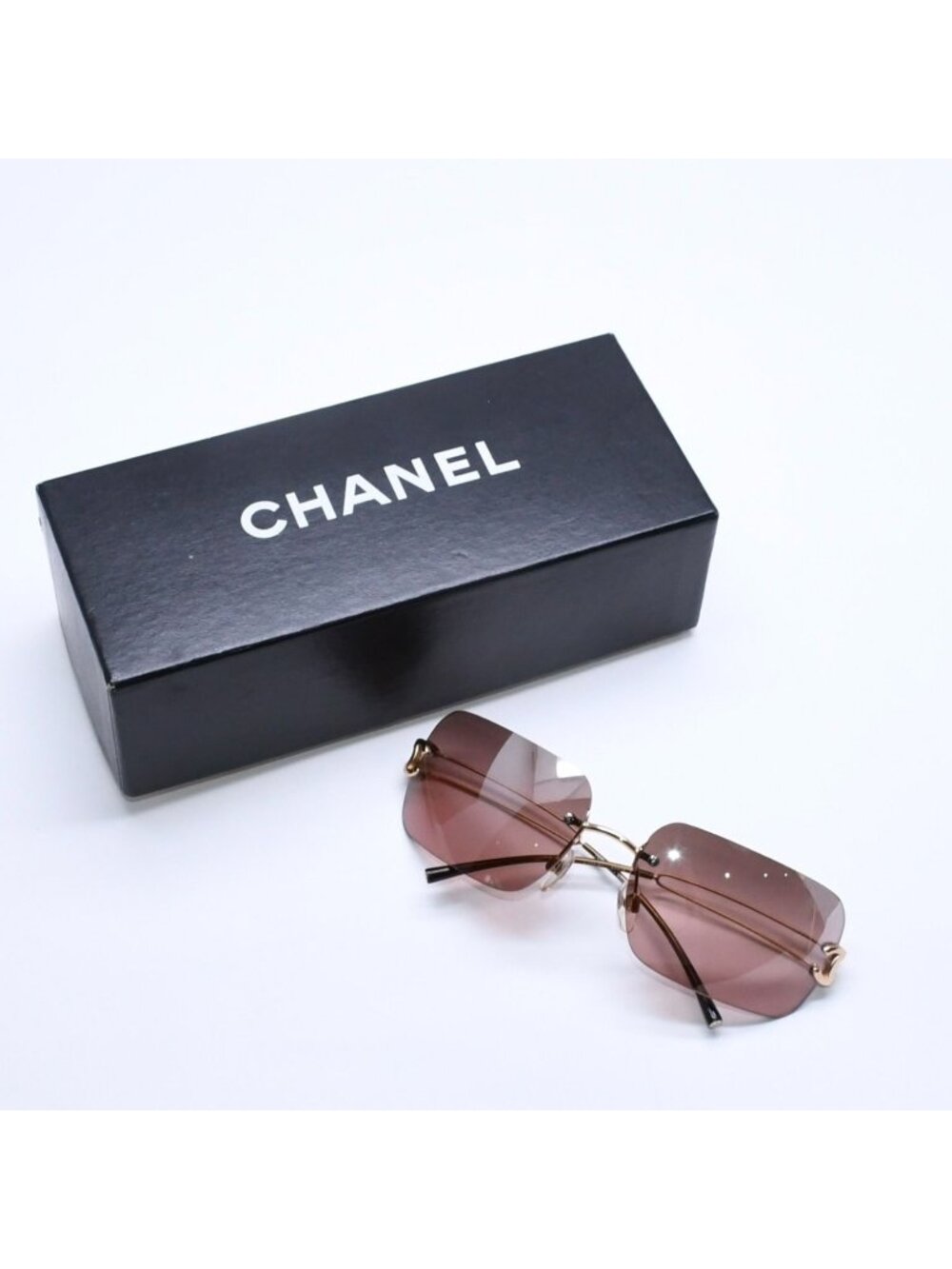Chanel Rimless Sunglasses Eyewear CC Logo Brown Gold
